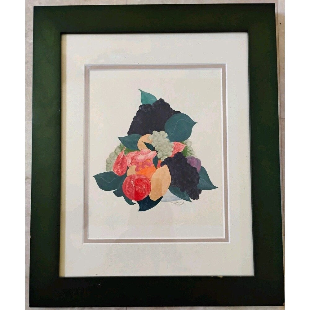 Vtg Still Life Fruit Theorem Painting Signed Gayla 1963 Framed 14x17 Folk Art
